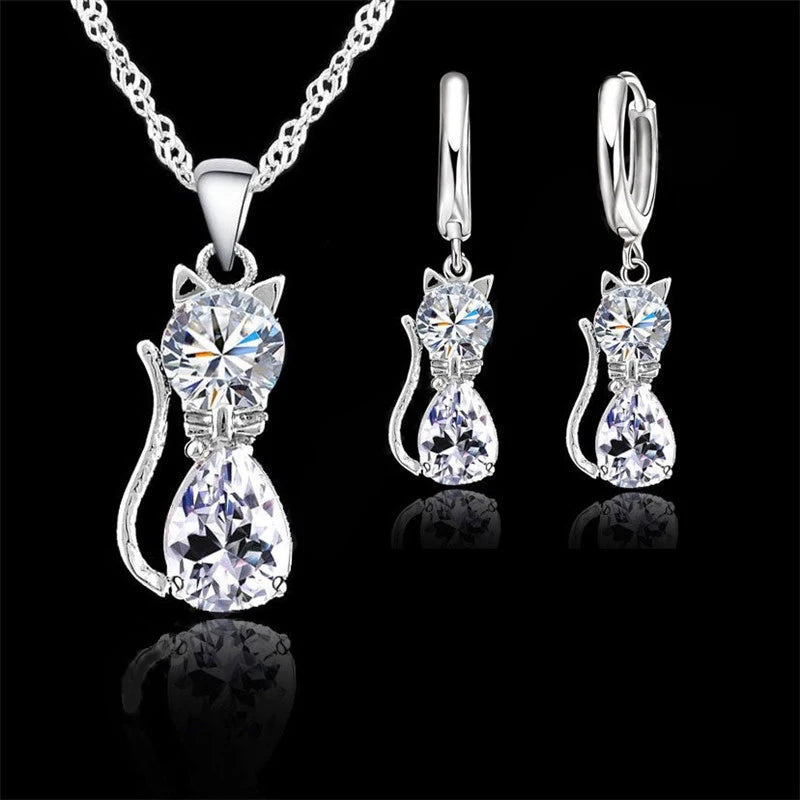 Ensemble de bijoux en argent Sterling 925 véritable pour femmes et filles, brillant cristal autrichien, pendentif chat mignon, collier, boucle d'oreille Huggie