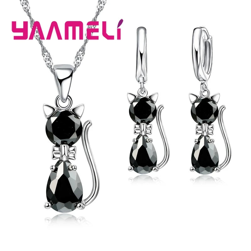 Ensemble de bijoux en argent Sterling 925 véritable pour femmes et filles, brillant cristal autrichien, pendentif chat mignon, collier, boucle d'oreille Huggie