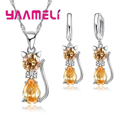 Ensemble de bijoux en argent Sterling 925 véritable pour femmes et filles, brillant cristal autrichien, pendentif chat mignon, collier, boucle d'oreille Huggie