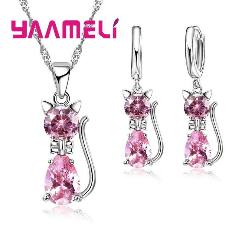 Ensemble de bijoux en argent Sterling 925 véritable pour femmes et filles, brillant cristal autrichien, pendentif chat mignon, collier, boucle d'oreille Huggie