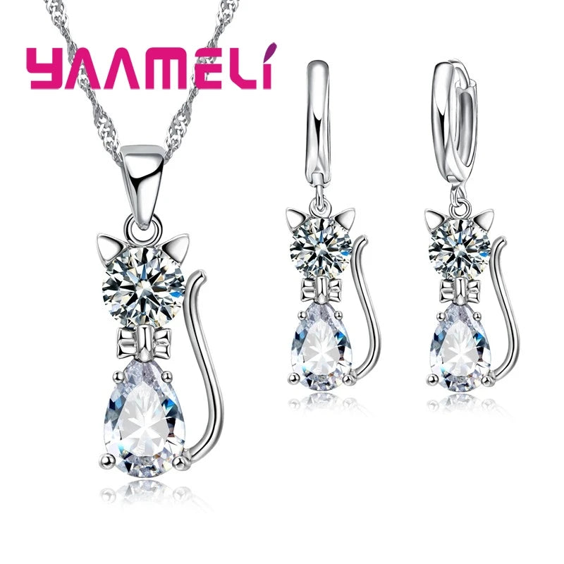 Ensemble de bijoux en argent Sterling 925 véritable pour femmes et filles, brillant cristal autrichien, pendentif chat mignon, collier, boucle d'oreille Huggie