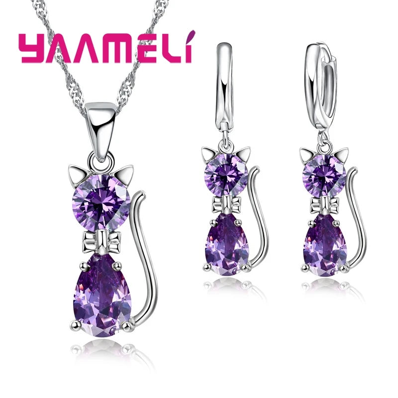 Ensemble de bijoux en argent Sterling 925 véritable pour femmes et filles, brillant cristal autrichien, pendentif chat mignon, collier, boucle d'oreille Huggie
