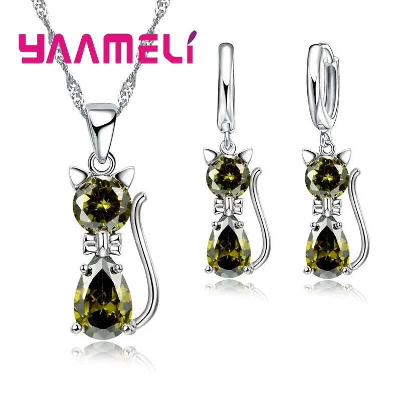 Ensemble de bijoux en argent Sterling 925 véritable pour femmes et filles, brillant cristal autrichien, pendentif chat mignon, collier, boucle d'oreille Huggie