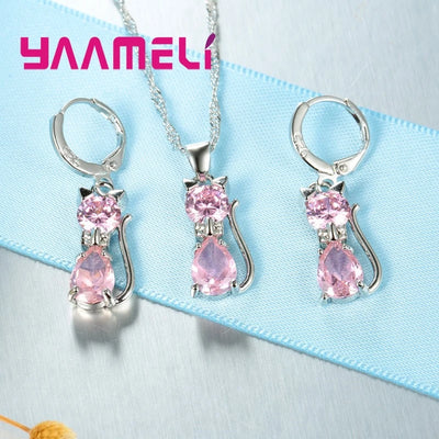 Ensemble de bijoux en argent Sterling 925 véritable pour femmes et filles, brillant cristal autrichien, pendentif chat mignon, collier, boucle d'oreille Huggie