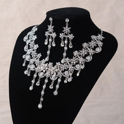 Ensemble de bijoux de mariée de luxe pour femmes, couleur argent, fleurs en cristal, collier, boucle d'oreille, strass, diadème, accessoires de mariage