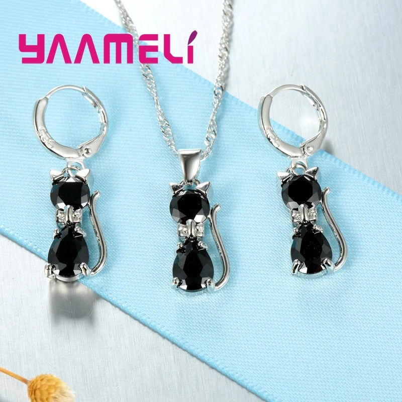Ensemble de bijoux en argent Sterling 925 véritable pour femmes et filles, brillant cristal autrichien, pendentif chat mignon, collier, boucle d'oreille Huggie