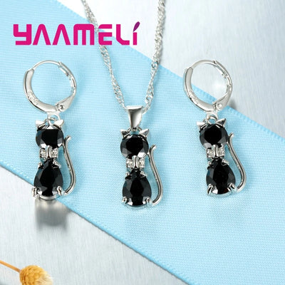 Ensemble de bijoux en argent Sterling 925 véritable pour femmes et filles, brillant cristal autrichien, pendentif chat mignon, collier, boucle d'oreille Huggie