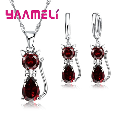 Ensemble de bijoux en argent Sterling 925 véritable pour femmes et filles, brillant cristal autrichien, pendentif chat mignon, collier, boucle d'oreille Huggie