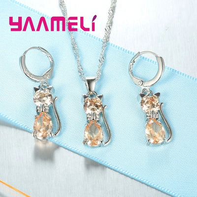 Ensemble de bijoux en argent Sterling 925 véritable pour femmes et filles, brillant cristal autrichien, pendentif chat mignon, collier, boucle d'oreille Huggie