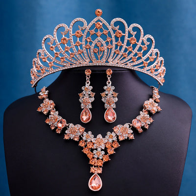 Ensemble de bijoux Champagne pour femmes, reine royale, couronne de mariage, collier diadème, boucles d'oreilles, accessoires de mariage élégants
