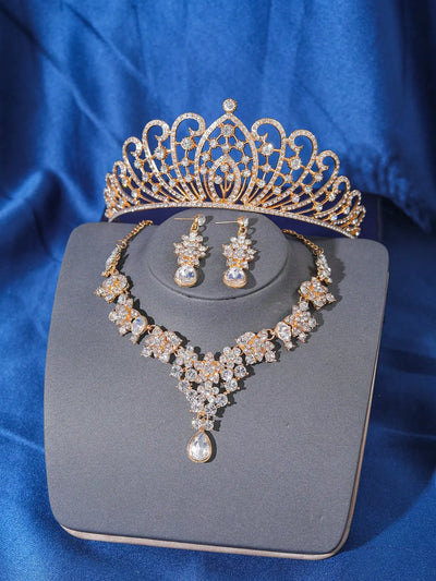 Ensemble de bijoux Champagne pour femmes, reine royale, couronne de mariage, collier diadème, boucles d'oreilles, accessoires de mariage élégants