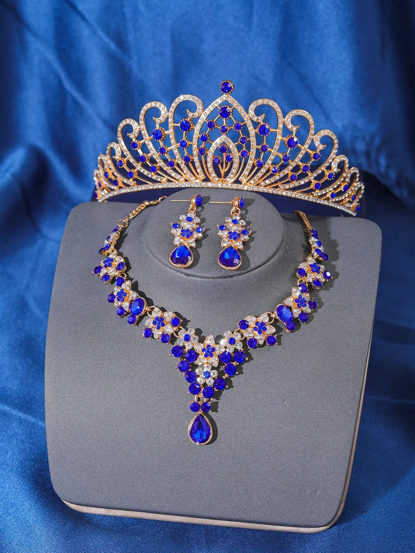 Ensemble de bijoux Champagne pour femmes, reine royale, couronne de mariage, collier diadème, boucles d'oreilles, accessoires de mariage élégants