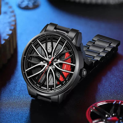 Montres de voiture pour hommes, montre-bracelet à Quartz étanche en acier inoxydable, montres de sport pour hommes avec conception de moyeu de jante de roue de voiture