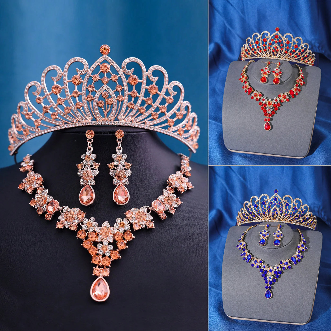 Ensemble de bijoux Champagne pour femmes, reine royale, couronne de mariage, collier diadème, boucles d'oreilles, accessoires de mariage élégants