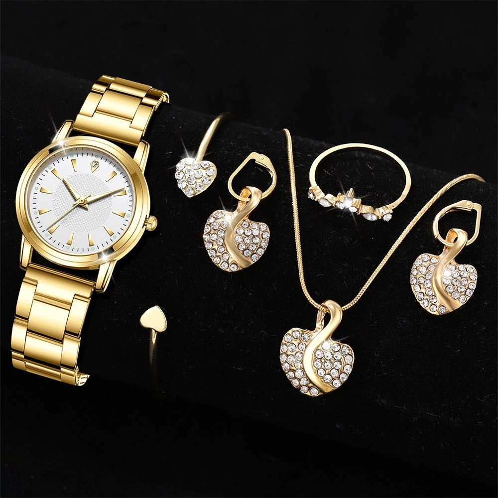 Montre à Quartz pour femmes or luxe femmes bague collier boucle d'oreille strass mode montre-bracelet décontracté dames montres ensemble de bijoux ﻿