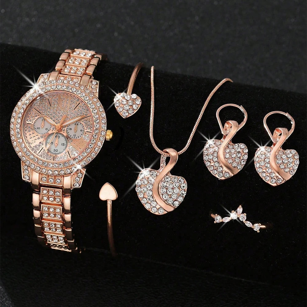 Montre à Quartz pour femmes or luxe femmes bague collier boucle d'oreille strass mode montre-bracelet décontracté dames montres ensemble de bijoux ﻿