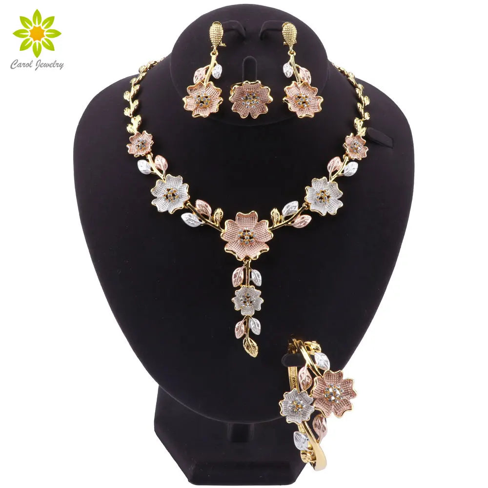 Ensemble de bijoux de dubaï pour femme, accessoires de robe de mariée, couleur or, collier en forme de fleur, boucles d'oreilles, Bracelet, bague