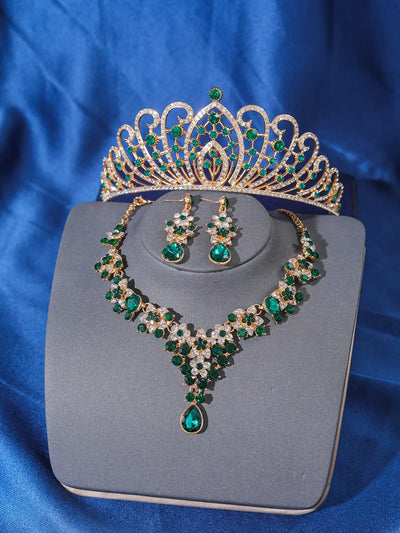 Ensemble de bijoux Champagne pour femmes, reine royale, couronne de mariage, collier diadème, boucles d'oreilles, accessoires de mariage élégants