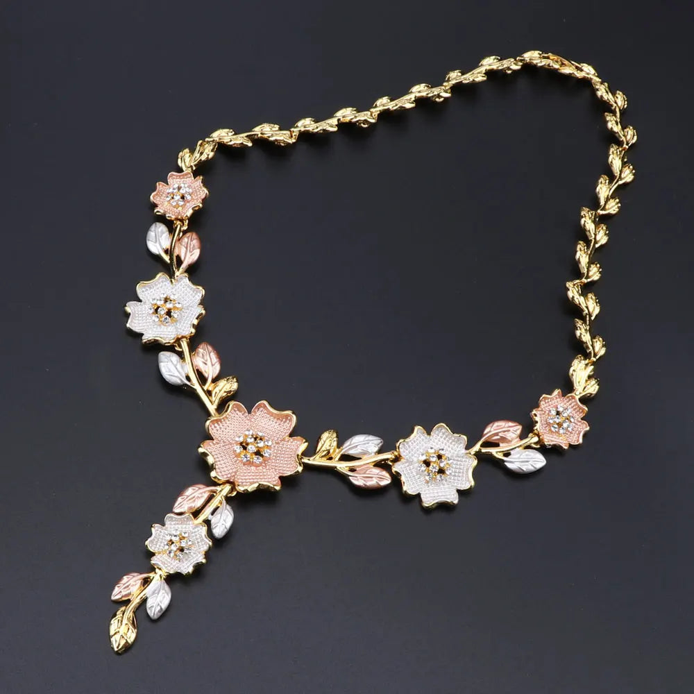 Ensemble de bijoux de dubaï pour femme, accessoires de robe de mariée, couleur or, collier en forme de fleur, boucles d'oreilles, Bracelet, bague