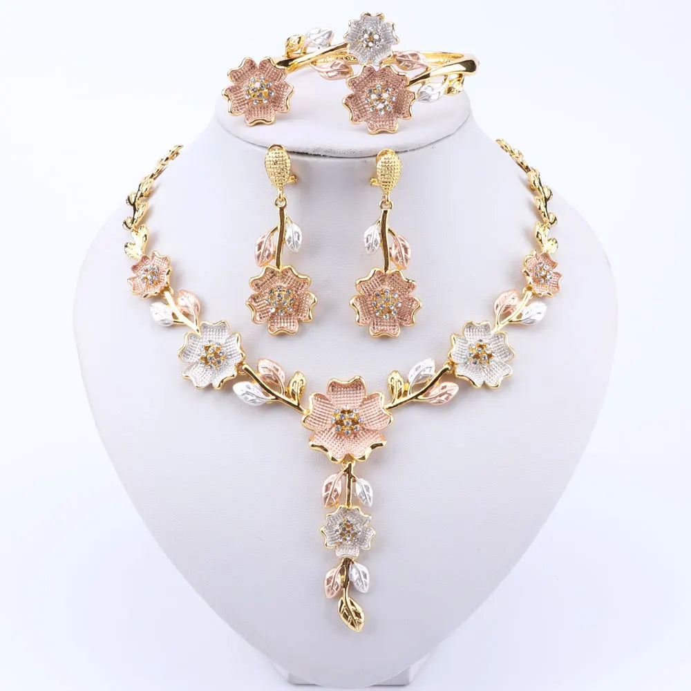 Ensemble de bijoux de dubaï pour femme, accessoires de robe de mariée, couleur or, collier en forme de fleur, boucles d'oreilles, Bracelet, bague