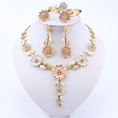 Ensemble de bijoux de dubaï pour femme, accessoires de robe de mariée, couleur or, collier en forme de fleur, boucles d'oreilles, Bracelet, bague