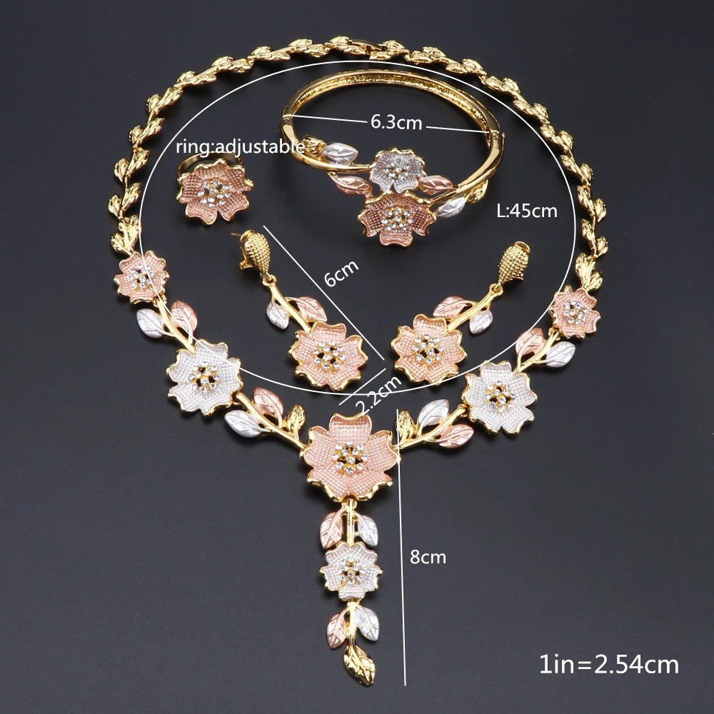 Ensemble de bijoux de dubaï pour femme, accessoires de robe de mariée, couleur or, collier en forme de fleur, boucles d'oreilles, Bracelet, bague