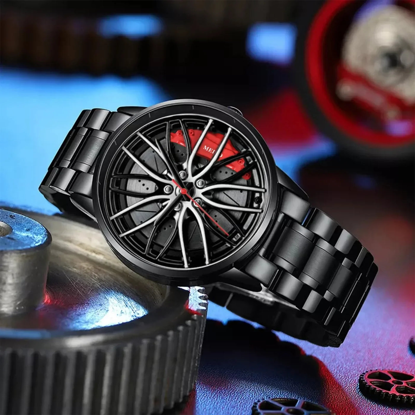 Montres de voiture pour hommes, montre-bracelet à Quartz étanche en acier inoxydable, montres de sport pour hommes avec conception de moyeu de jante de roue de voiture