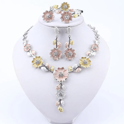 Ensemble de bijoux de dubaï pour femme, accessoires de robe de mariée, couleur or, collier en forme de fleur, boucles d'oreilles, Bracelet, bague