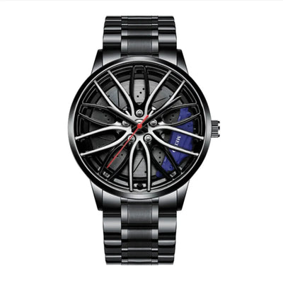 Montres de voiture pour hommes, montre-bracelet à Quartz étanche en acier inoxydable, montres de sport pour hommes avec conception de moyeu de jante de roue de voiture