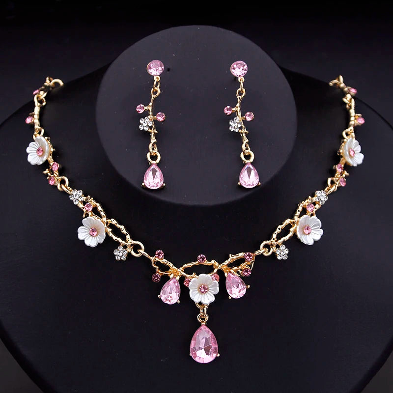 Magnifiques ensembles de bijoux de mariée en cristal pour femmes, collier ras du cou à fleurs de luxe, boucles d'oreilles, robe de mariée, ensembles de colliers de mariée à la mode